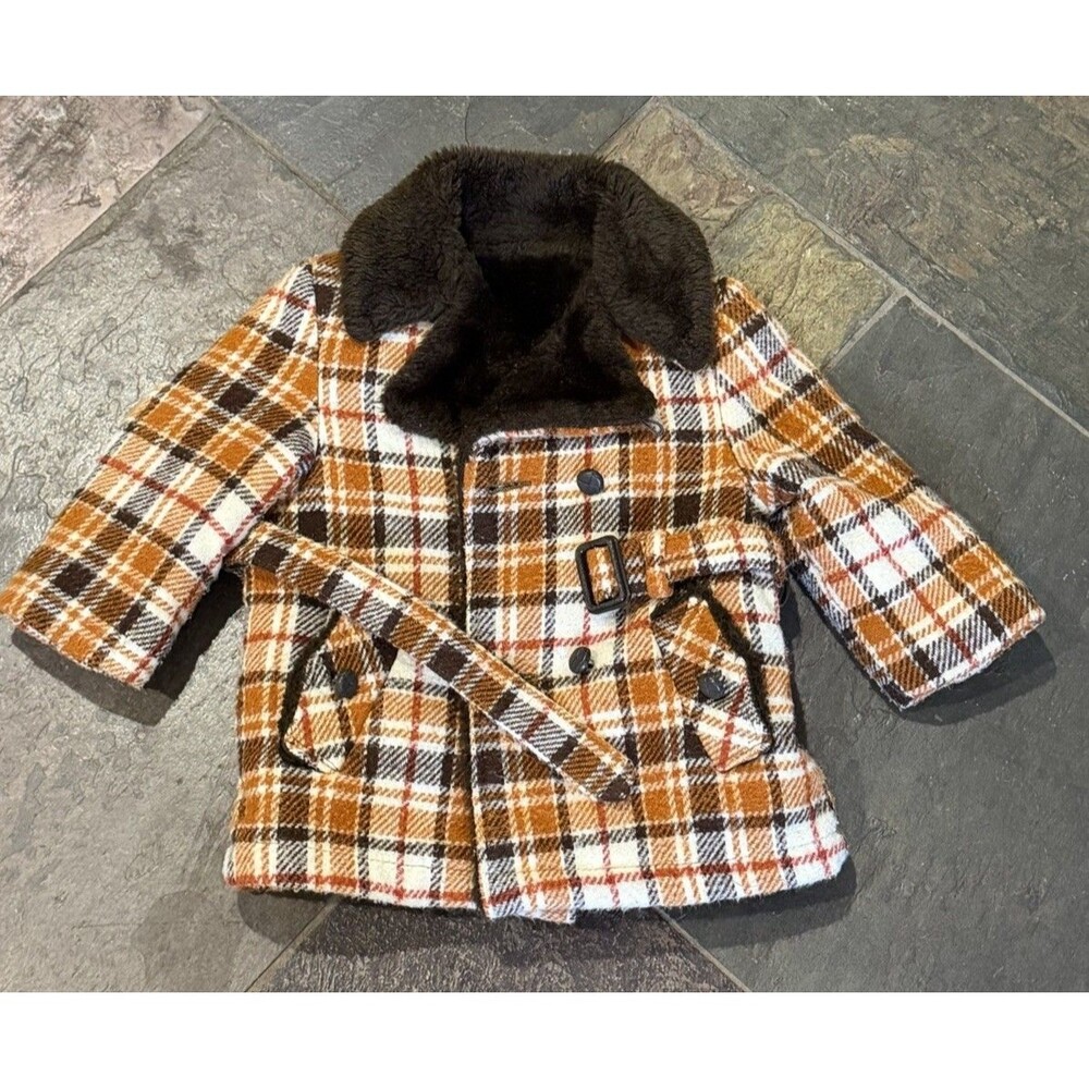 Sears Vintage 1970s Size 2T Plaid Coat Faux Fur Lining And Collar W/belt